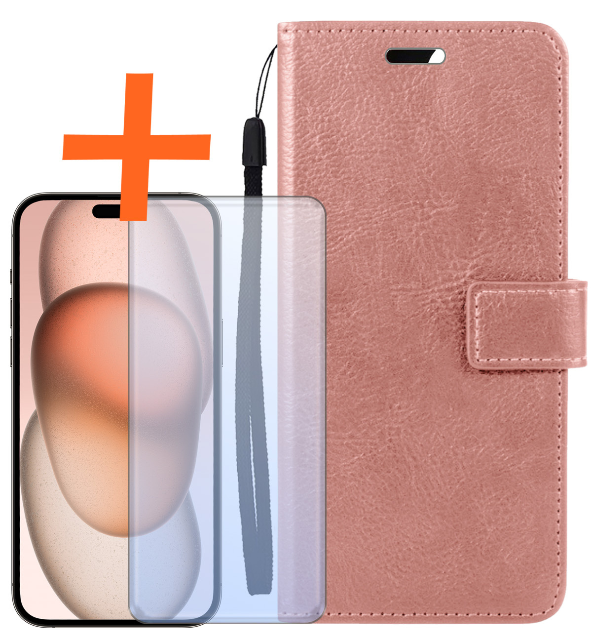 Nomfy Hoesje Geschikt voor iPhone 15 Hoes Bookcase Flipcase Book Cover Met Screenprotector - Hoes Geschikt voor iPhone 15 Hoesje Book Case - Rosé goud