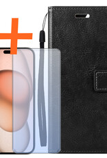 Nomfy Hoesje Geschikt voor iPhone 15 Hoes Bookcase Flipcase Book Cover Met Screenprotector - Hoes Geschikt voor iPhone 15 Hoesje Book Case - Zwart