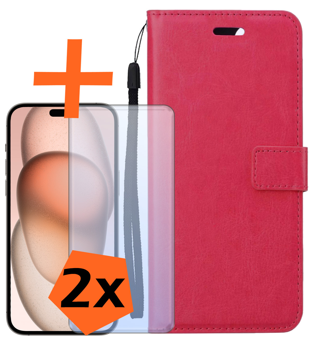 Nomfy Hoesje Geschikt voor iPhone 15 Hoes Bookcase Flipcase Book Cover Met 2x Screenprotector - Hoes Geschikt voor iPhone 15 Hoesje Book Case - Donkerroze