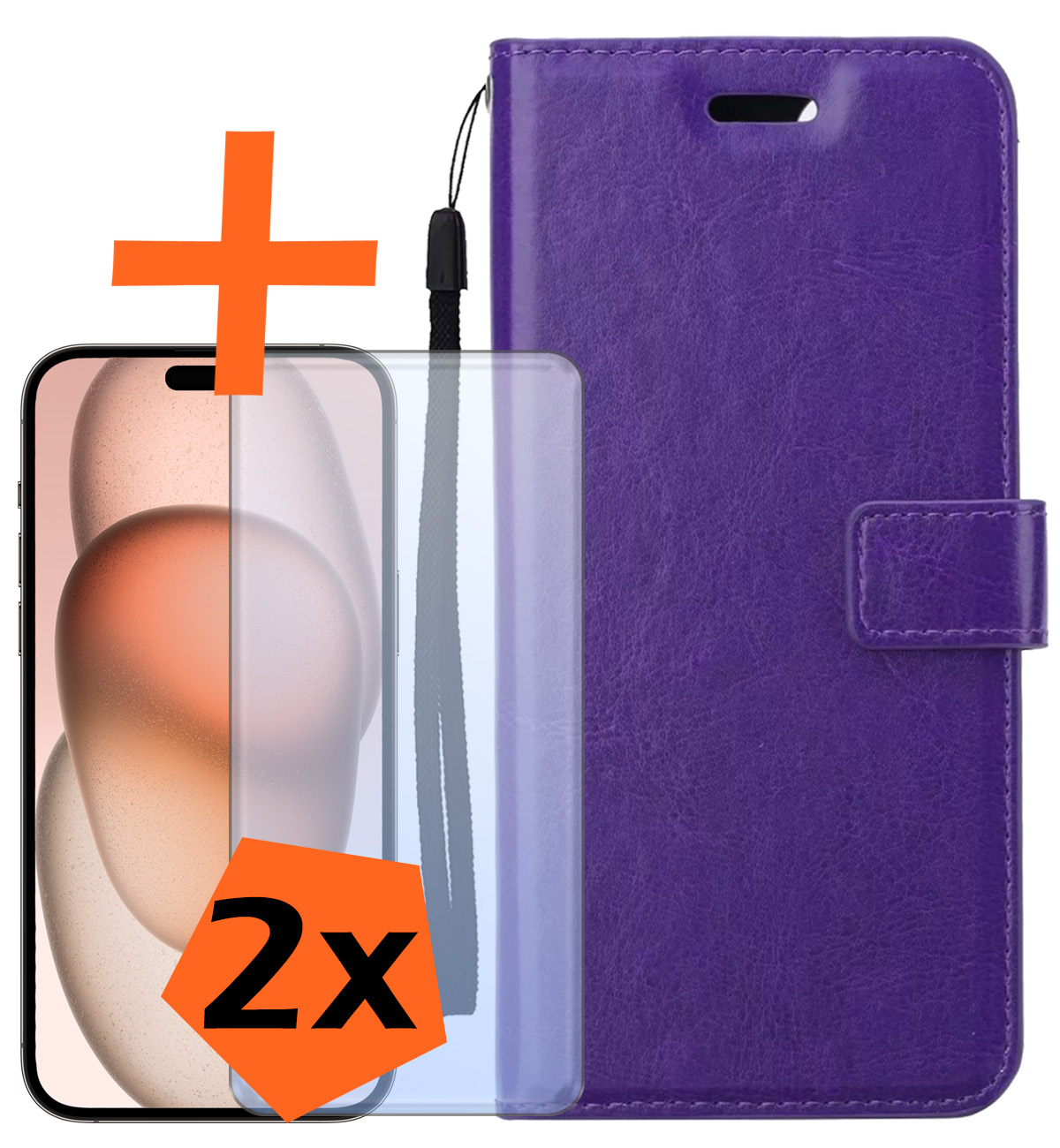 Nomfy Hoesje Geschikt voor iPhone 15 Hoes Bookcase Flipcase Book Cover Met 2x Screenprotector - Hoes Geschikt voor iPhone 15 Hoesje Book Case - Paars