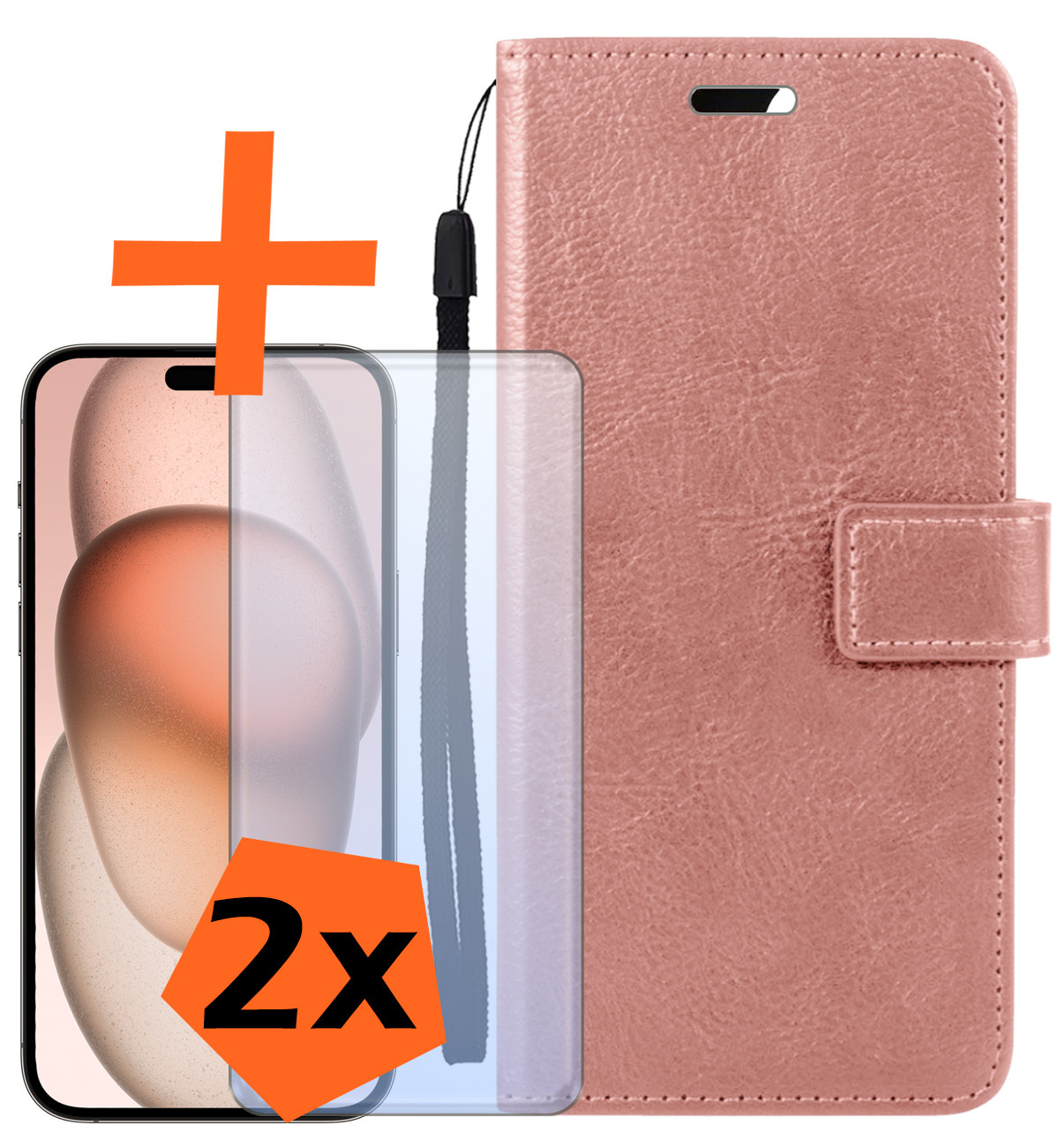 Nomfy Hoesje Geschikt voor iPhone 15 Hoes Bookcase Flipcase Book Cover Met 2x Screenprotector - Hoes Geschikt voor iPhone 15 Hoesje Book Case - Rosé goud