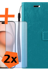 Nomfy Hoesje Geschikt voor iPhone 15 Hoes Bookcase Flipcase Book Cover Met 2x Screenprotector - Hoes Geschikt voor iPhone 15 Hoesje Book Case - Turquoise