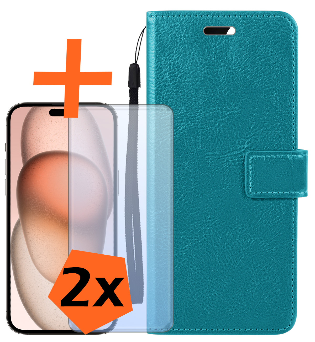 Nomfy Hoesje Geschikt voor iPhone 15 Hoes Bookcase Flipcase Book Cover Met 2x Screenprotector - Hoes Geschikt voor iPhone 15 Hoesje Book Case - Turquoise