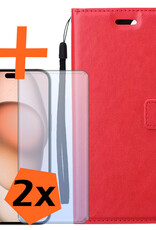 Nomfy Hoesje Geschikt voor iPhone 15 Pro Max Hoes Bookcase Flipcase Book Cover Met 2x Screenprotector - Hoes Geschikt voor iPhone 15 Pro Max Hoesje Book Case - Rood