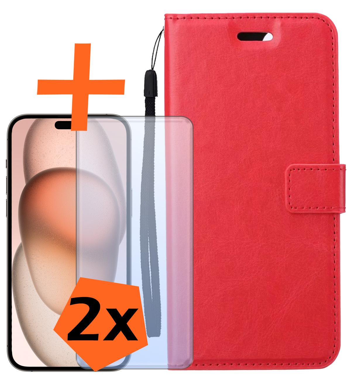 Nomfy Hoesje Geschikt voor iPhone 15 Pro Max Hoes Bookcase Flipcase Book Cover Met 2x Screenprotector - Hoes Geschikt voor iPhone 15 Pro Max Hoesje Book Case - Rood