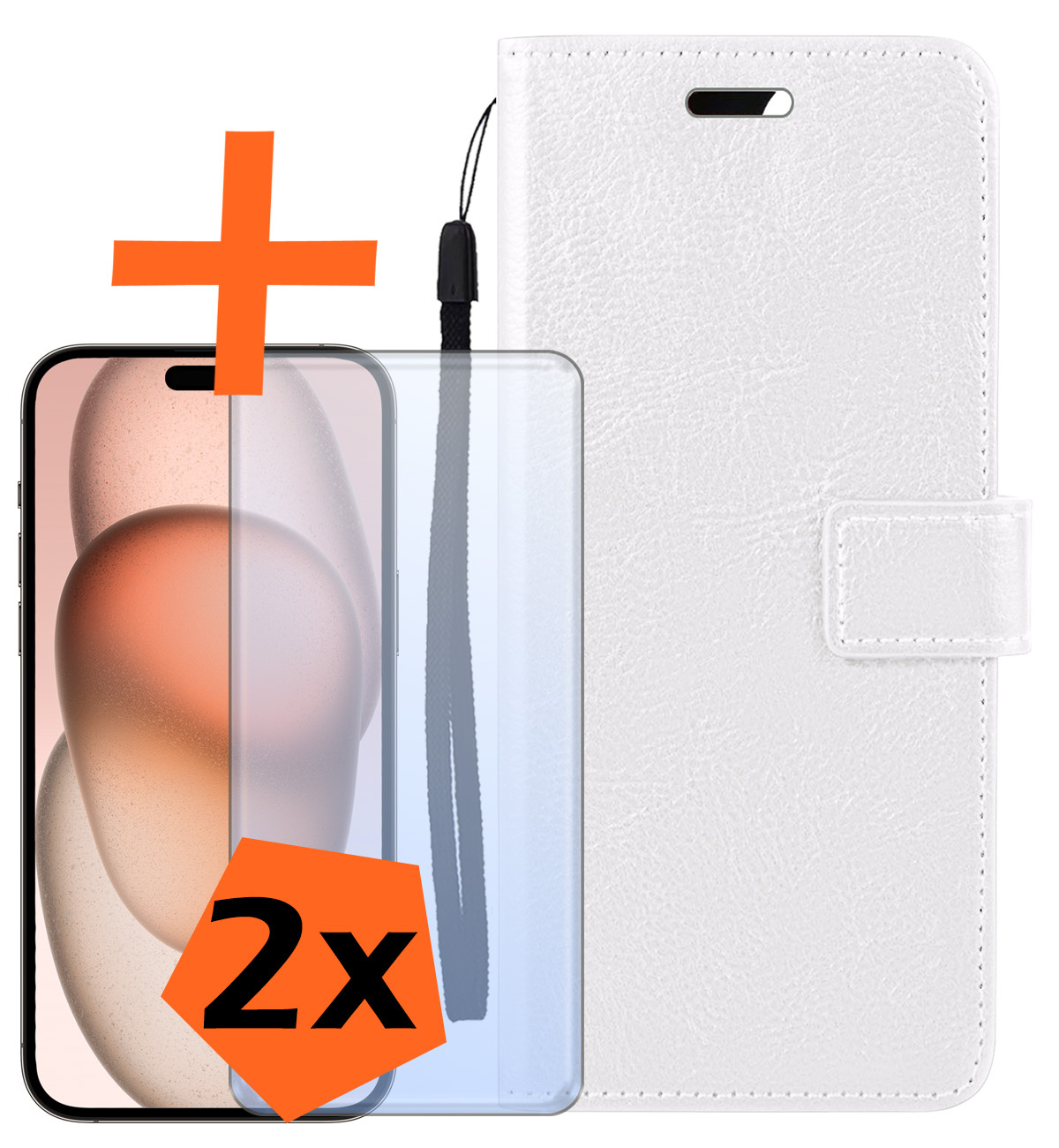 Nomfy Hoesje Geschikt voor iPhone 15 Hoes Bookcase Flipcase Book Cover Met 2x Screenprotector - Hoes Geschikt voor iPhone 15 Hoesje Book Case - Wit