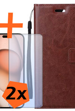 Nomfy Hoesje Geschikt voor iPhone 15 Pro Max Hoes Bookcase Flipcase Book Cover Met 2x Screenprotector - Hoes Geschikt voor iPhone 15 Pro Max Hoesje Book Case - Bruin
