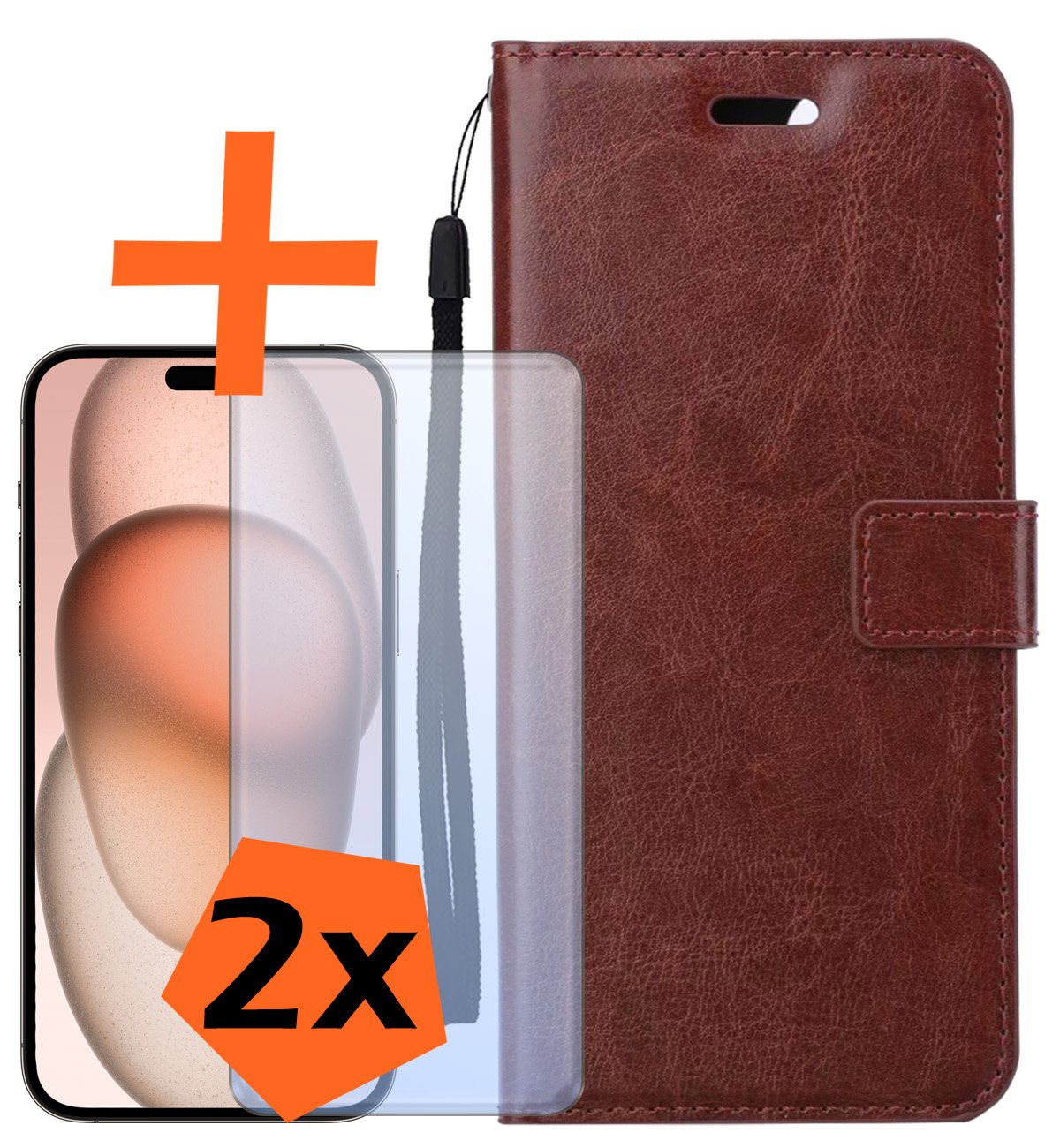 Nomfy Hoesje Geschikt voor iPhone 15 Pro Max Hoes Bookcase Flipcase Book Cover Met 2x Screenprotector - Hoes Geschikt voor iPhone 15 Pro Max Hoesje Book Case - Bruin