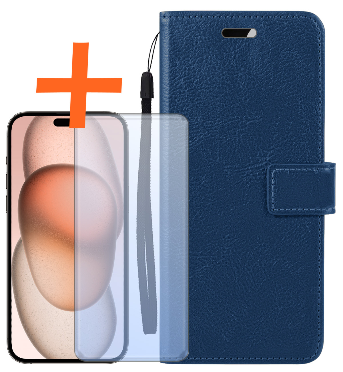 Nomfy Hoesje Geschikt voor iPhone 15 Plus Hoes Bookcase Flipcase Book Cover Met Screenprotector - Hoes Geschikt voor iPhone 15 Plus Hoesje Book Case - Donkerblauw