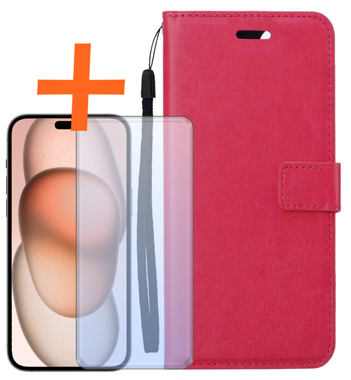 Nomfy Hoesje Geschikt voor iPhone 15 Plus Hoes Bookcase Flipcase Book Cover Met Screenprotector - Hoes Geschikt voor iPhone 15 Plus Hoesje Book Case - Donkerroze