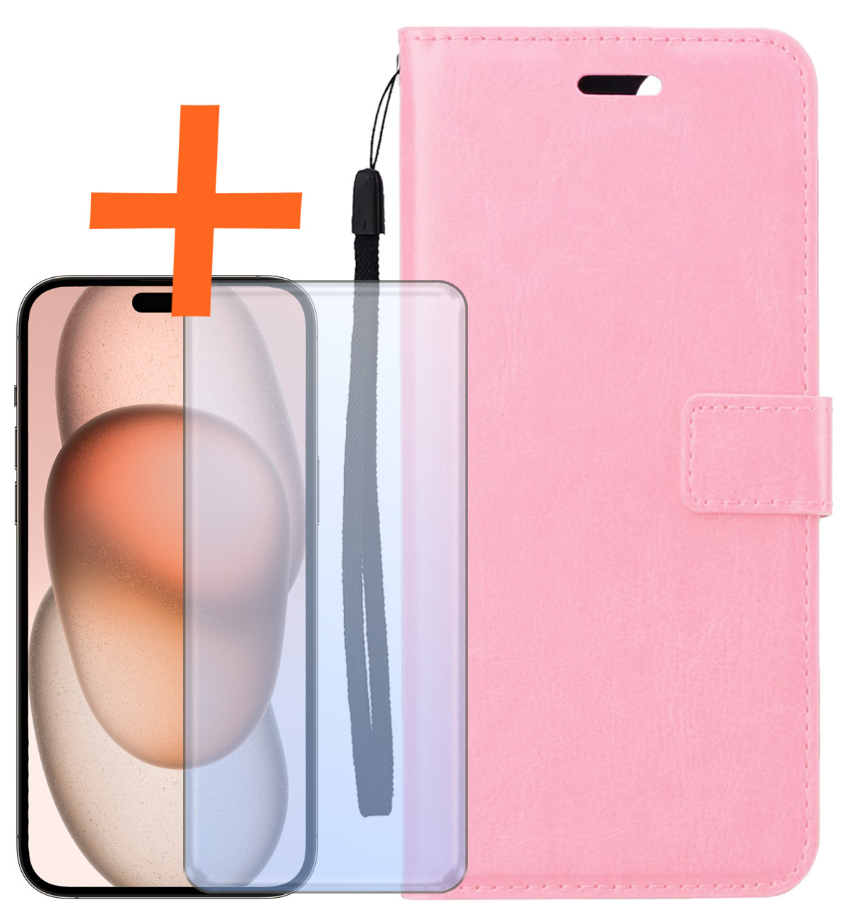 Nomfy Hoesje Geschikt voor iPhone 15 Pro Max Hoes Bookcase Flipcase Book Cover Met Screenprotector - Hoes Geschikt voor iPhone 15 Pro Max Hoesje Book Case - Lichtroze