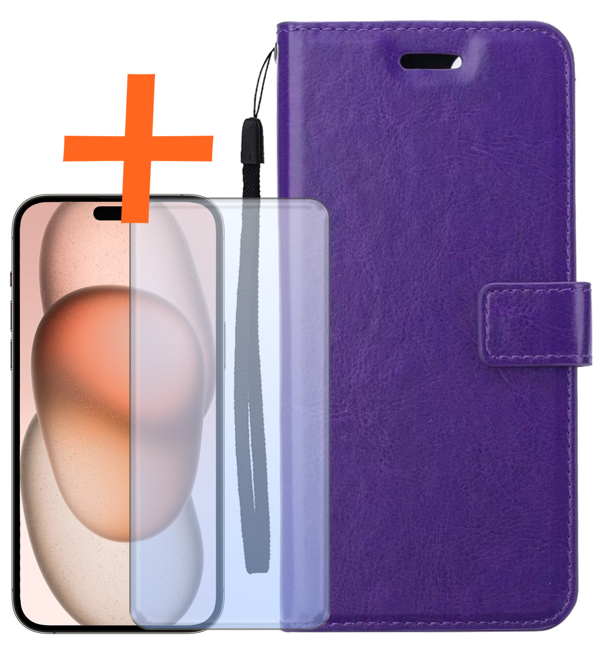 Nomfy Hoesje Geschikt voor iPhone 15 Plus Hoes Bookcase Flipcase Book Cover Met Screenprotector - Hoes Geschikt voor iPhone 15 Plus Hoesje Book Case - Paars