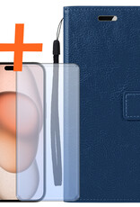 Nomfy Hoesje Geschikt voor iPhone 15 Pro Max Hoes Bookcase Flipcase Book Cover Met Screenprotector - Hoes Geschikt voor iPhone 15 Pro Max Hoesje Book Case - Donkerblauw