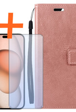 Nomfy Hoesje Geschikt voor iPhone 15 Plus Hoes Bookcase Flipcase Book Cover Met Screenprotector - Hoes Geschikt voor iPhone 15 Plus Hoesje Book Case - Rosé goud