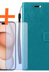 Nomfy Hoesje Geschikt voor iPhone 15 Plus Hoes Bookcase Flipcase Book Cover Met Screenprotector - Hoes Geschikt voor iPhone 15 Plus Hoesje Book Case - Turquoise