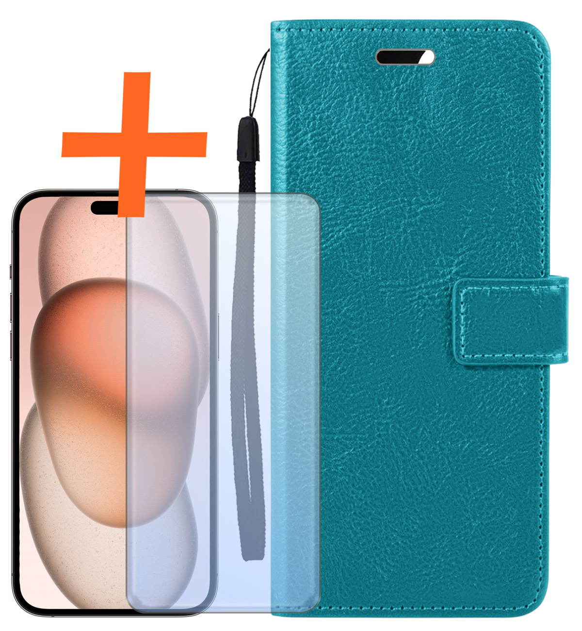 Nomfy Hoesje Geschikt voor iPhone 15 Plus Hoes Bookcase Flipcase Book Cover Met Screenprotector - Hoes Geschikt voor iPhone 15 Plus Hoesje Book Case - Turquoise
