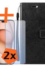 Nomfy Hoesje Geschikt voor iPhone 15 Pro Hoes Bookcase Flipcase Book Cover Met 2x Screenprotector - Hoes Geschikt voor iPhone 15 Pro Hoesje Book Case - Zwart