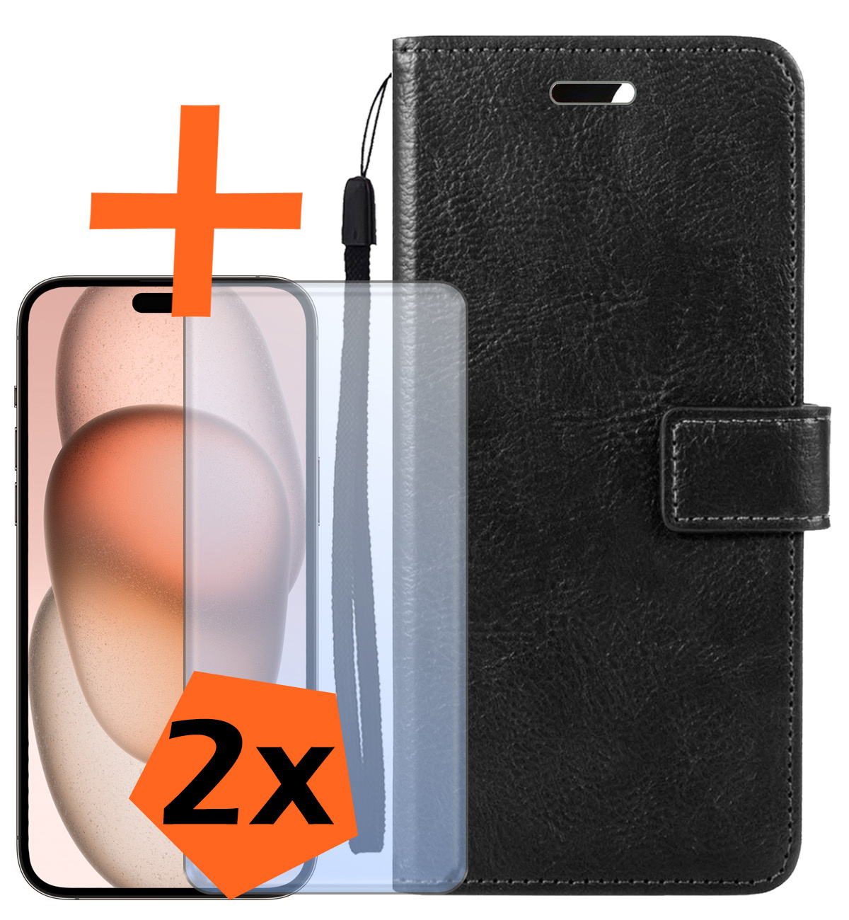 Nomfy Hoesje Geschikt voor iPhone 15 Pro Hoes Bookcase Flipcase Book Cover Met 2x Screenprotector - Hoes Geschikt voor iPhone 15 Pro Hoesje Book Case - Zwart
