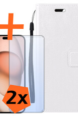 Nomfy Hoesje Geschikt voor iPhone 15 Pro Hoes Bookcase Flipcase Book Cover Met 2x Screenprotector - Hoes Geschikt voor iPhone 15 Pro Hoesje Book Case - Wit