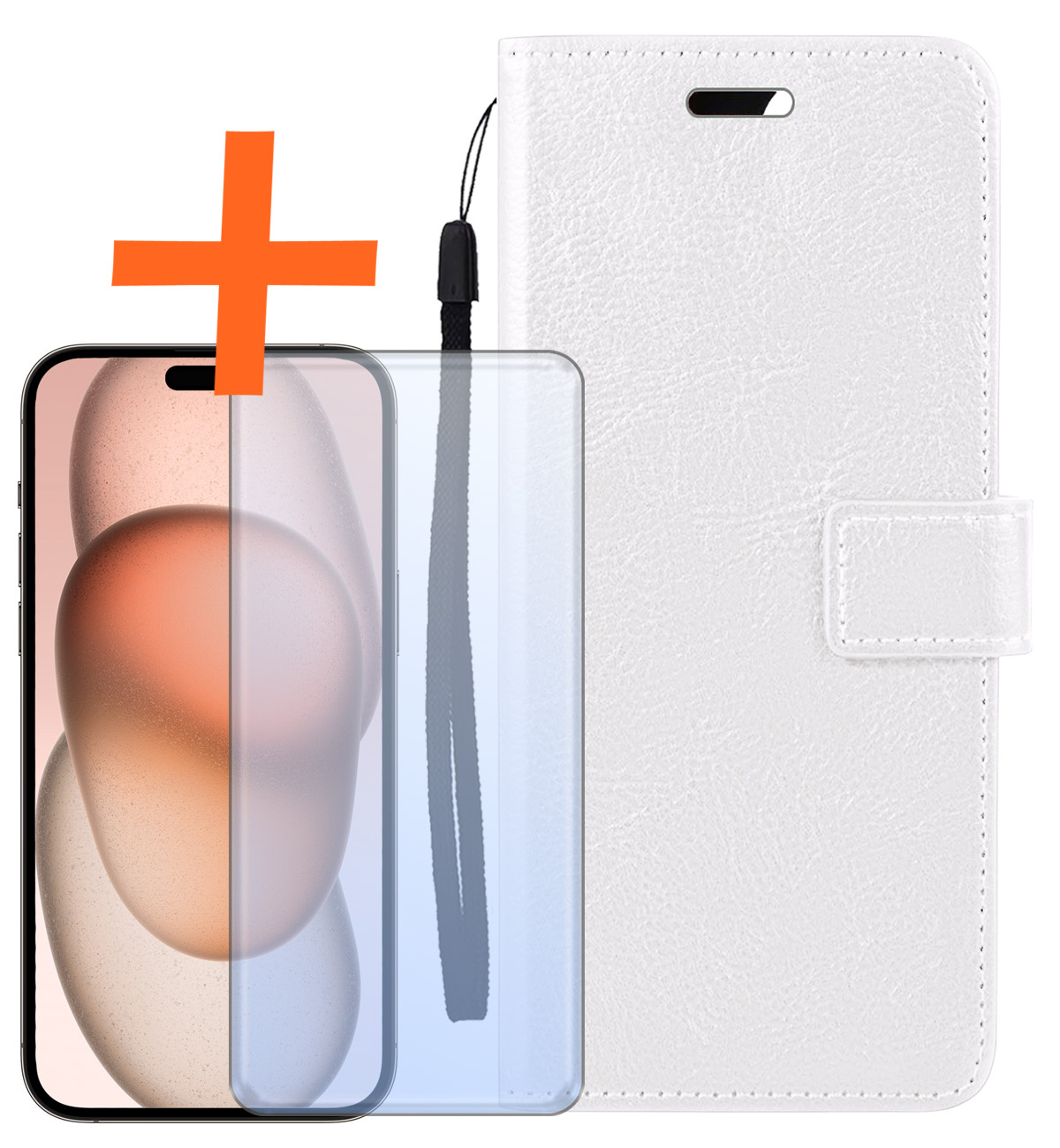Nomfy Hoesje Geschikt voor iPhone 15 Plus Hoes Bookcase Flipcase Book Cover Met Screenprotector - Hoes Geschikt voor iPhone 15 Plus Hoesje Book Case - Wit