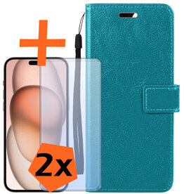 Nomfy Nomfy iPhone 15 Pro Hoesje Bookcase Met 2x Screenprotector - Turquoise
