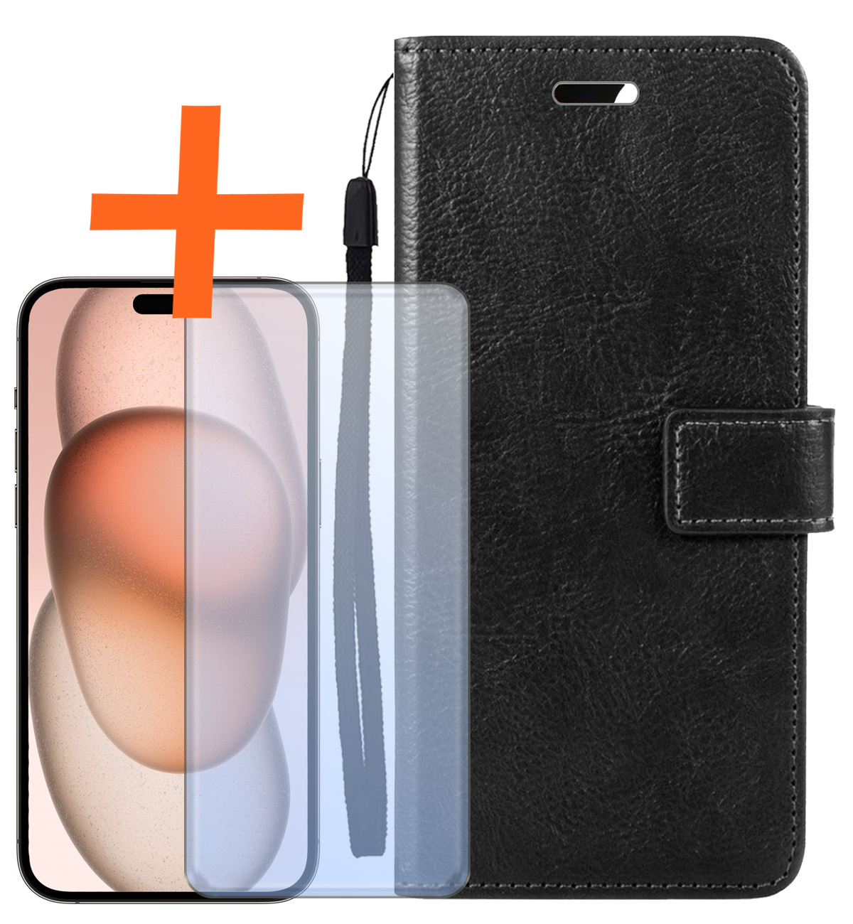 Nomfy Hoesje Geschikt voor iPhone 15 Plus Hoes Bookcase Flipcase Book Cover Met Screenprotector - Hoes Geschikt voor iPhone 15 Plus Hoesje Book Case - Zwart