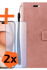 Nomfy Hoesje Geschikt voor iPhone 15 Pro Hoes Bookcase Flipcase Book Cover Met 2x Screenprotector - Hoes Geschikt voor iPhone 15 Pro Hoesje Book Case - Rosé goud