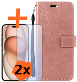 Nomfy Nomfy iPhone 15 Pro Hoesje Bookcase Met 2x Screenprotector - Rose Goud