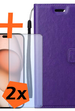 Nomfy Hoesje Geschikt voor iPhone 15 Pro Hoes Bookcase Flipcase Book Cover Met 2x Screenprotector - Hoes Geschikt voor iPhone 15 Pro Hoesje Book Case - Paars