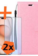 Nomfy Hoesje Geschikt voor iPhone 15 Pro Hoes Bookcase Flipcase Book Cover Met 2x Screenprotector - Hoes Geschikt voor iPhone 15 Pro Hoesje Book Case - Lichtroze
