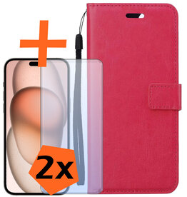 Nomfy Nomfy iPhone 15 Pro Hoesje Bookcase Met 2x Screenprotector - Donkerroze
