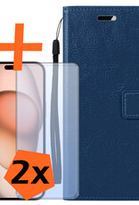 Nomfy Hoesje Geschikt voor iPhone 15 Pro Hoes Bookcase Flipcase Book Cover Met 2x Screenprotector - Hoes Geschikt voor iPhone 15 Pro Hoesje Book Case - Donkerblauw