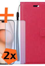 Nomfy Hoesje Geschikt voor iPhone 15 Plus Hoes Bookcase Flipcase Book Cover Met 2x Screenprotector - Hoes Geschikt voor iPhone 15 Plus Hoesje Book Case - Donkerroze