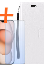 Nomfy Hoesje Geschikt voor iPhone 15 Pro Hoes Bookcase Flipcase Book Cover Met Screenprotector - Hoes Geschikt voor iPhone 15 Pro Hoesje Book Case - Wit