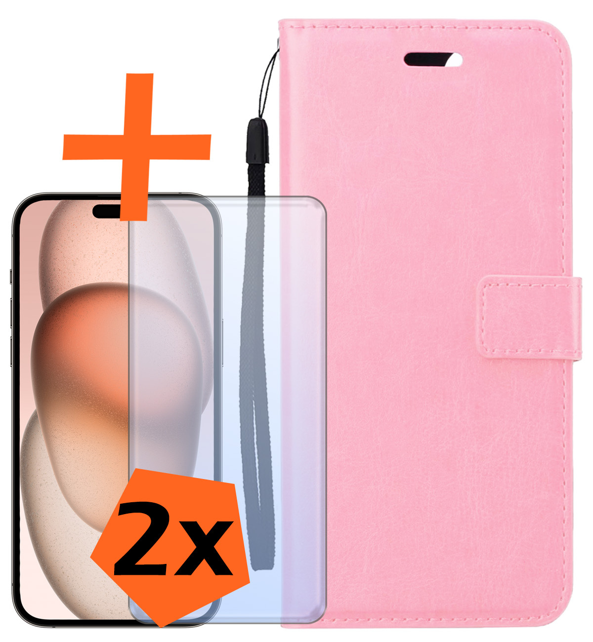 Nomfy Hoesje Geschikt voor iPhone 15 Plus Hoes Bookcase Flipcase Book Cover Met 2x Screenprotector - Hoes Geschikt voor iPhone 15 Plus Hoesje Book Case - Lichtroze