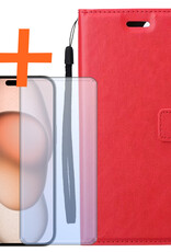 Nomfy Hoesje Geschikt voor iPhone 15 Pro Hoes Bookcase Flipcase Book Cover Met Screenprotector - Hoes Geschikt voor iPhone 15 Pro Hoesje Book Case - Rood