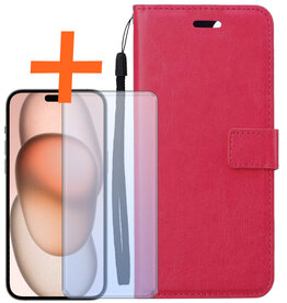 Nomfy Nomfy iPhone 15 Pro Hoesje Bookcase Met Screenprotector - Donkerroze