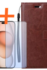 Nomfy Hoesje Geschikt voor iPhone 15 Pro Hoes Bookcase Flipcase Book Cover Met Screenprotector - Hoes Geschikt voor iPhone 15 Pro Hoesje Book Case - Bruin