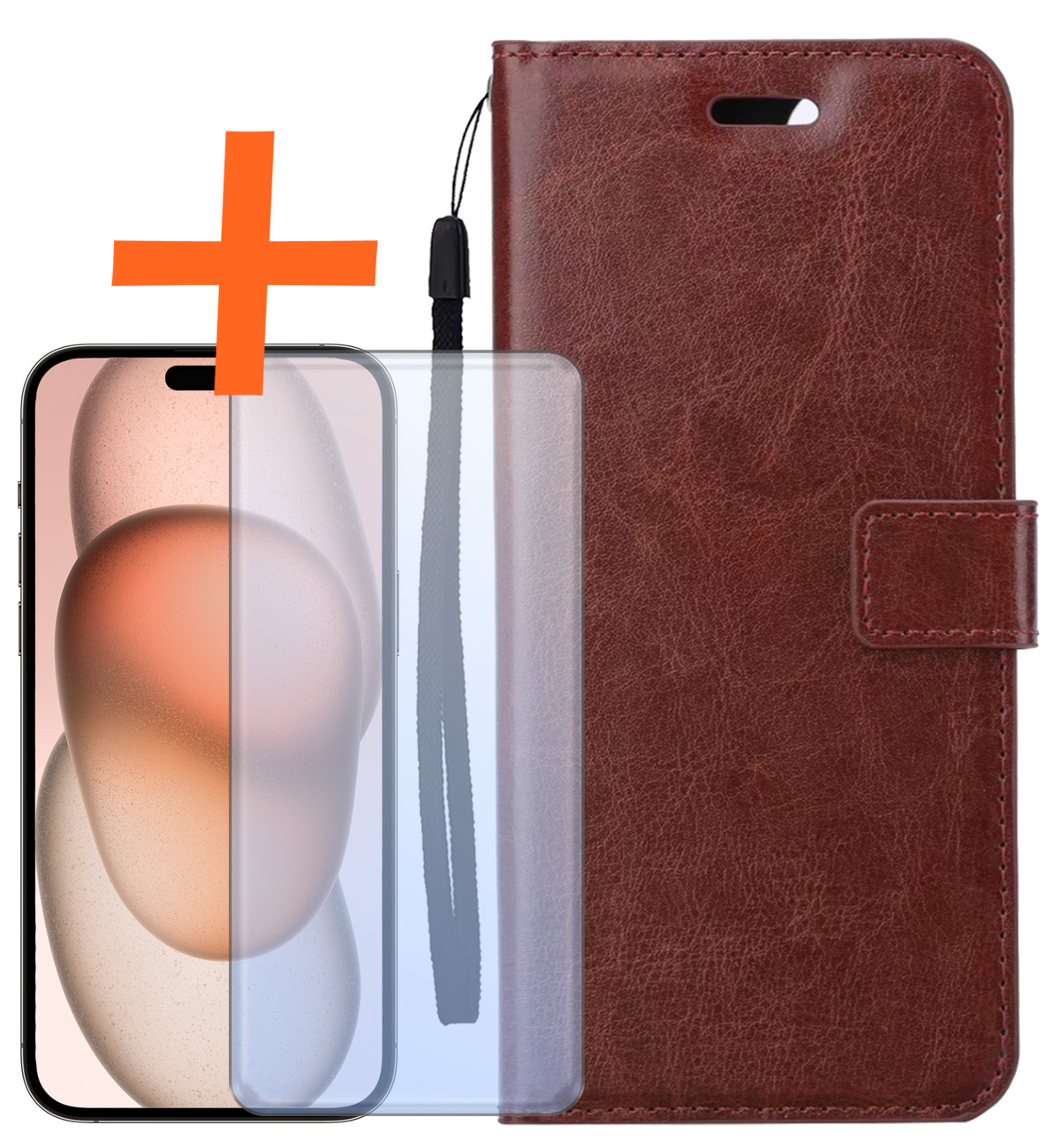 Nomfy Hoesje Geschikt voor iPhone 15 Pro Hoes Bookcase Flipcase Book Cover Met Screenprotector - Hoes Geschikt voor iPhone 15 Pro Hoesje Book Case - Bruin