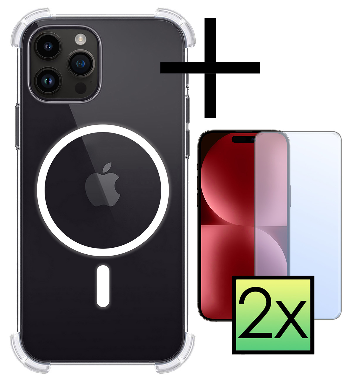 NoXx Hoes Geschikt voor iPhone 15 Pro Hoesje Geschikt voor Magsafe Hoesje Cover Shock Proof Case Met 2x Screenprotector - Transparant