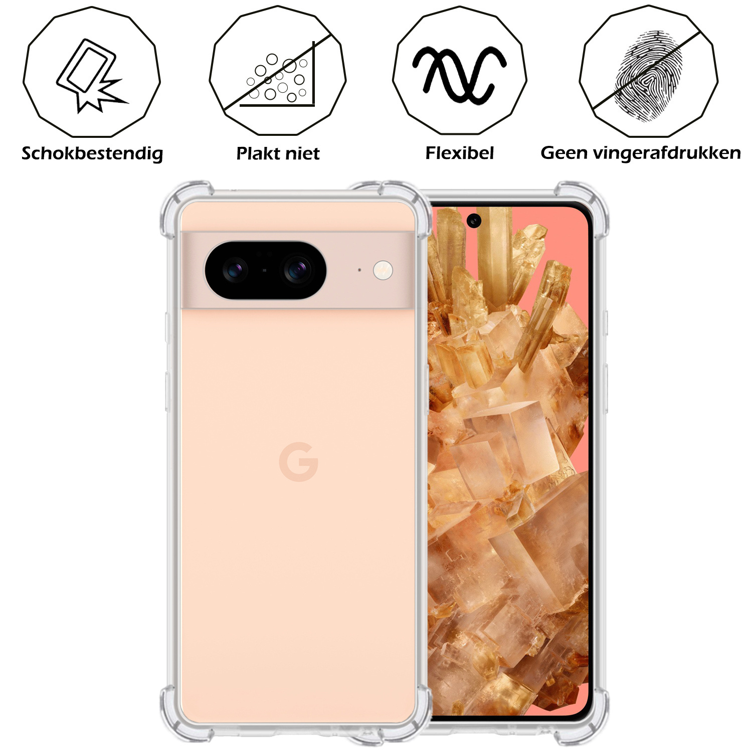 Nomfy Hoesje Geschikt voor Google Pixel 8 Hoesje Shock Proof Cover Case Shockproof Met 2x Screenprotector - Hoes Geschikt voor Google Pixel 8 Hoes Siliconen Back Case - Transparant