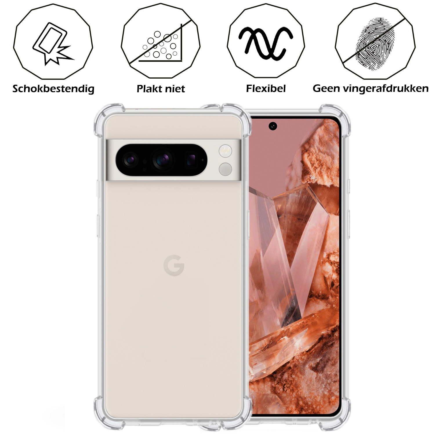 Nomfy Hoesje Geschikt voor Google Pixel 8 Pro Hoesje Shock Proof Cover Case Shockproof Met 2x Screenprotector - Hoes Geschikt voor Google Pixel 8 Pro Hoes Siliconen Back Case - Transparant