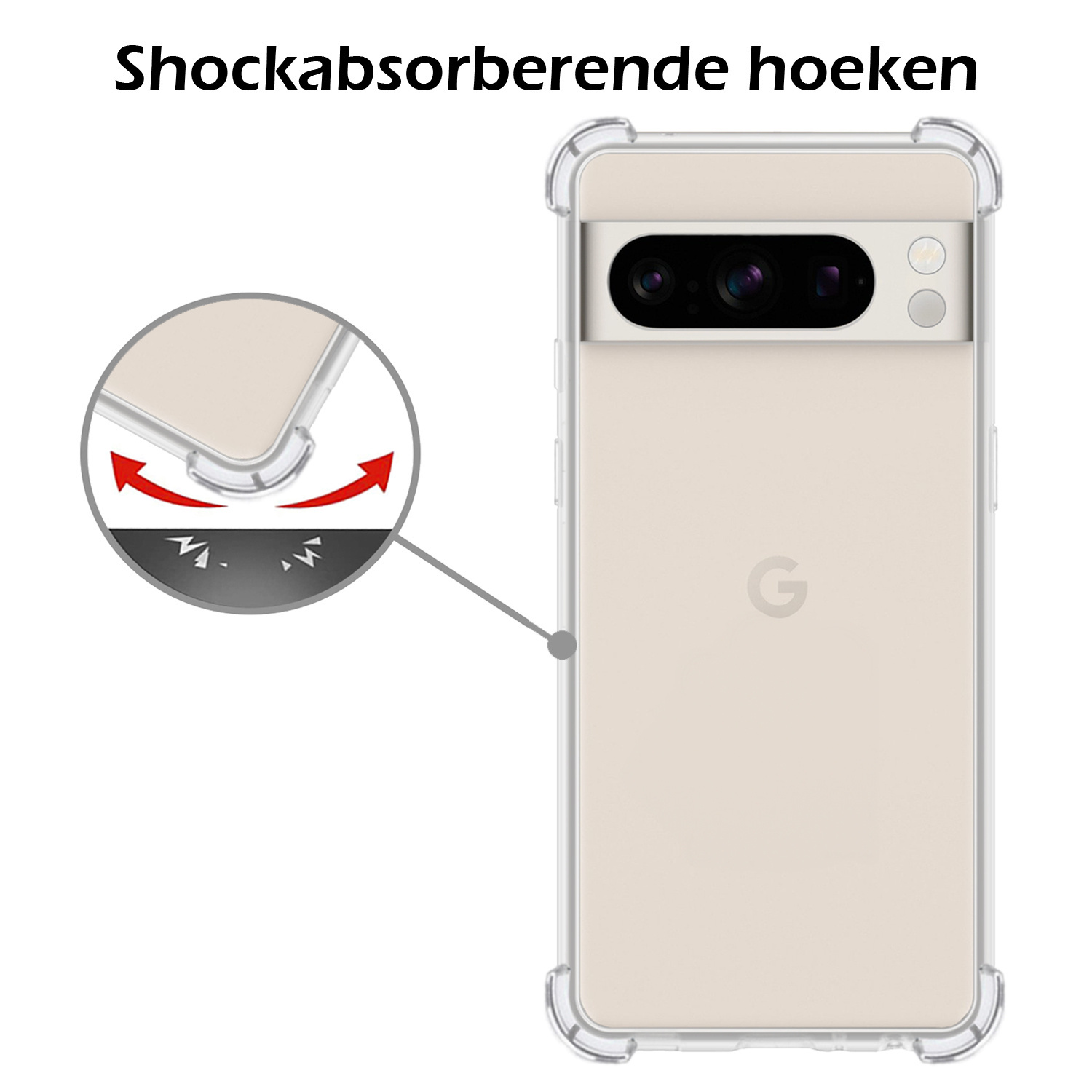 Nomfy Hoesje Geschikt voor Google Pixel 8 Pro Hoesje Shock Proof Cover Case Shockproof Met 2x Screenprotector - Hoes Geschikt voor Google Pixel 8 Pro Hoes Siliconen Back Case - Transparant