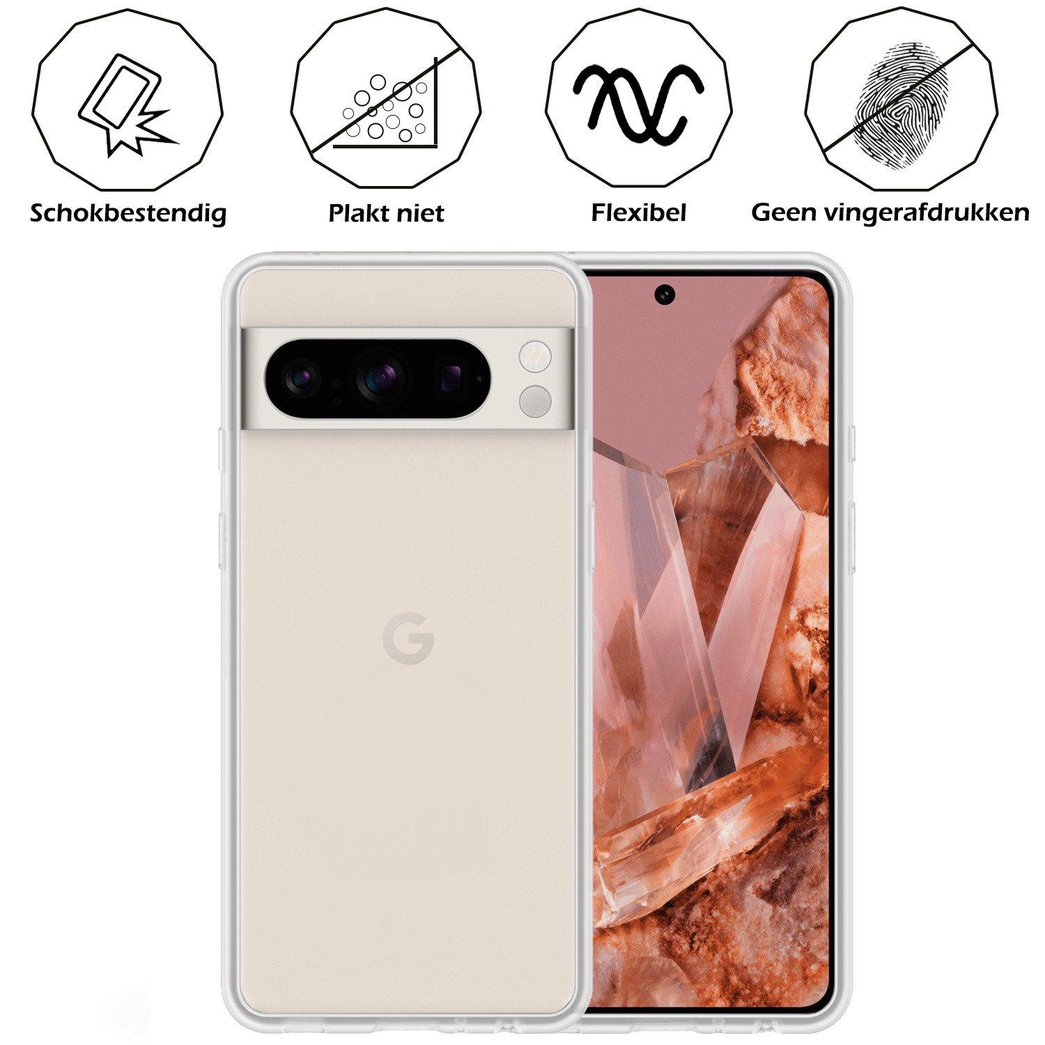 Nomfy Hoesje Geschikt voor Google Pixel 8 Pro Hoesje Siliconen Cover Case Met 2x Screenprotector - Hoes Geschikt voor Google Pixel 8 Pro Hoes Back Case - Transparant
