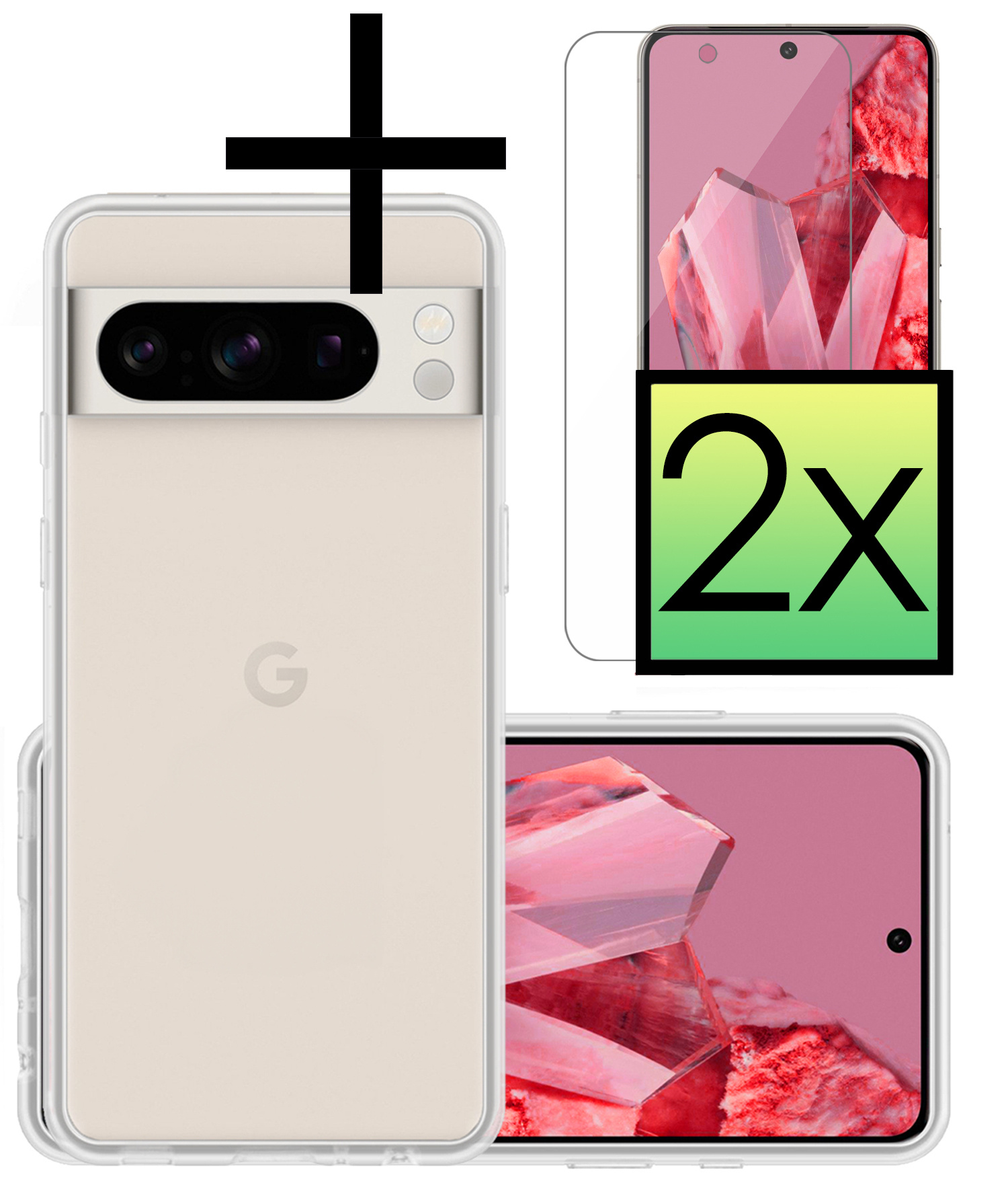 NoXx Hoes Geschikt voor Google Pixel 8 Pro Hoesje Cover Siliconen Back Case Hoes Met 2x Screenprotector - Transparant