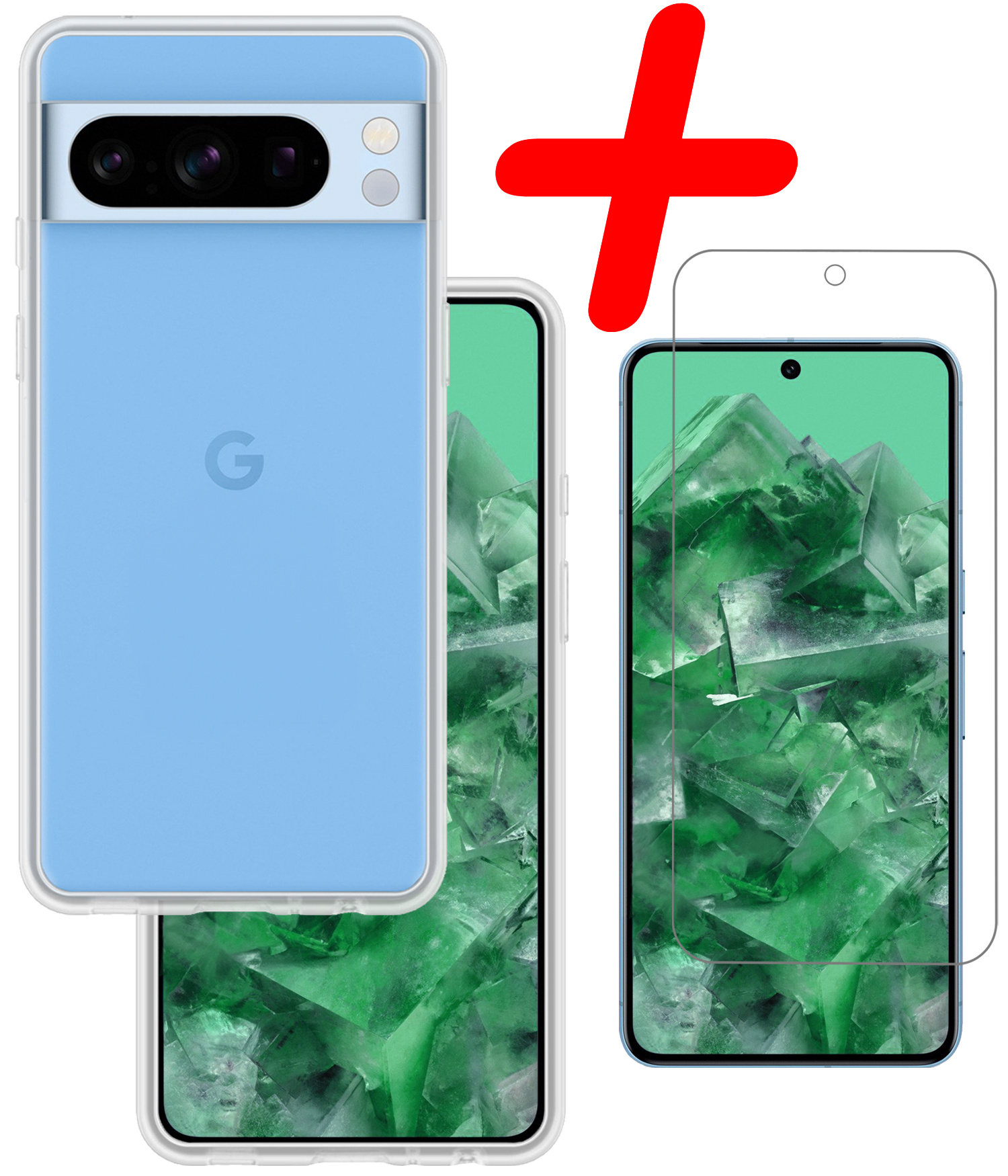 BASEY. Hoes Geschikt voor Google Pixel 8 Pro Hoesje Siliconen Back Cover Case Met Screenprotector - Hoesje Geschikt voor Google Pixel 8 Pro Hoes Cover Hoesje - Transparant