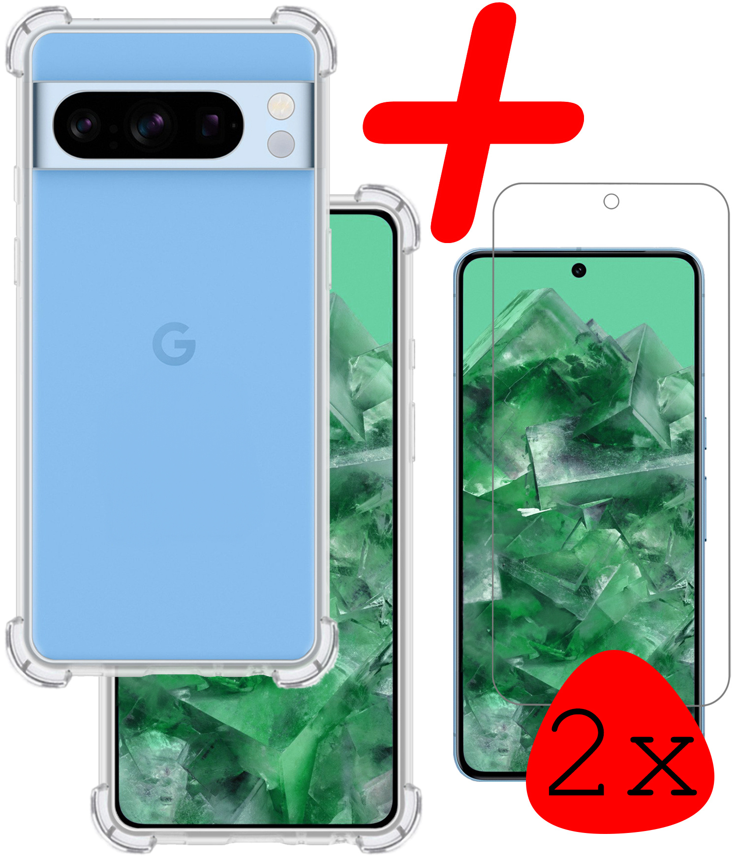 BASEY. Hoes Geschikt voor Google Pixel 8 Pro Hoesje Shock Proof Case Hoes Siliconen Met 2x Screenprotector - Hoesje Geschikt voor Google Pixel 8 Pro Hoes Cover Shockproof - Transparant