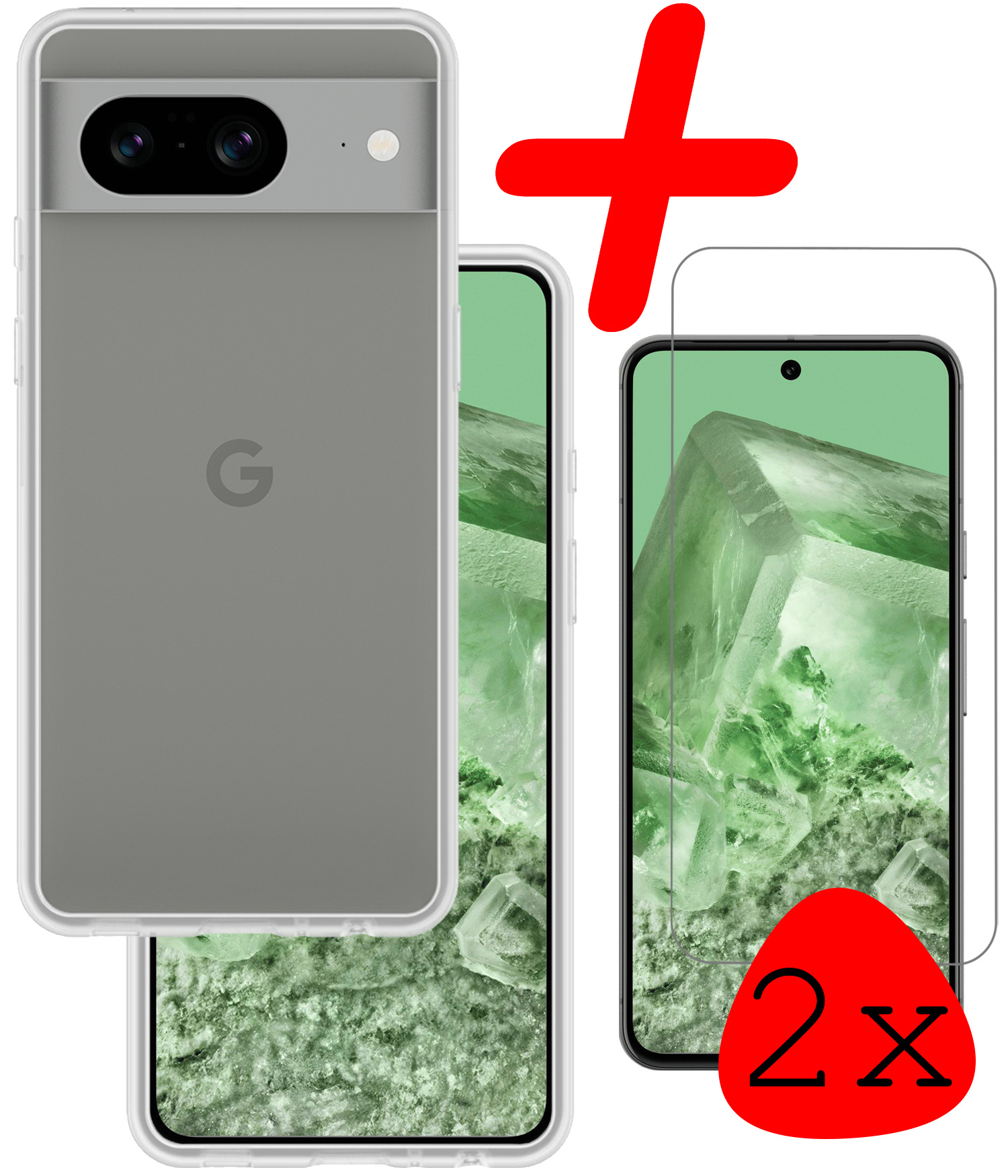 BASEY. Hoes Geschikt voor Google Pixel 8 Hoesje Siliconen Back Cover Case Met 2x Screenprotector - Hoesje Geschikt voor Google Pixel 8 Hoes Cover Hoesje - Transparant