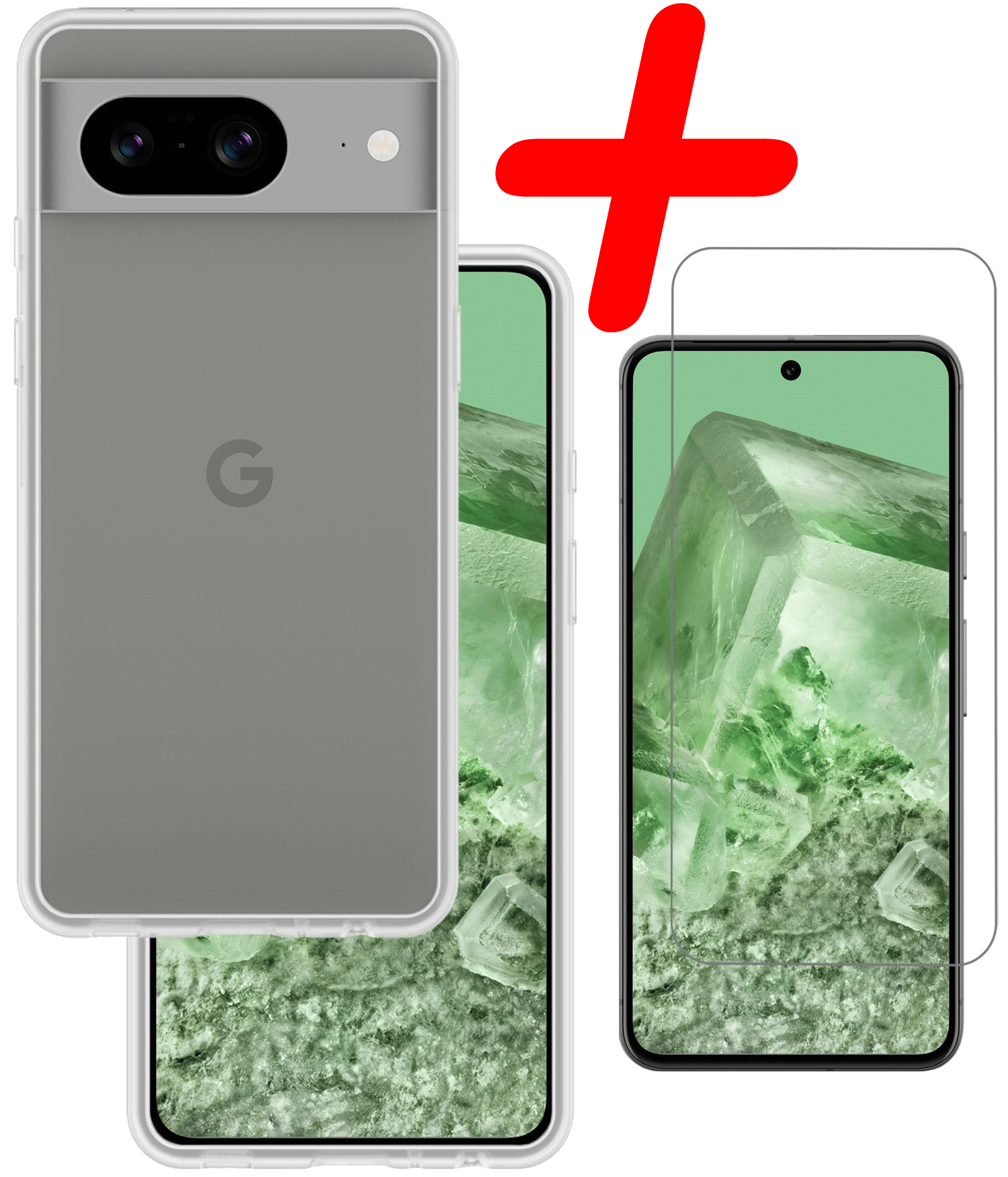 BASEY. Hoes Geschikt voor Google Pixel 8 Hoesje Siliconen Back Cover Case Met Screenprotector - Hoesje Geschikt voor Google Pixel 8 Hoes Cover Hoesje - Transparant