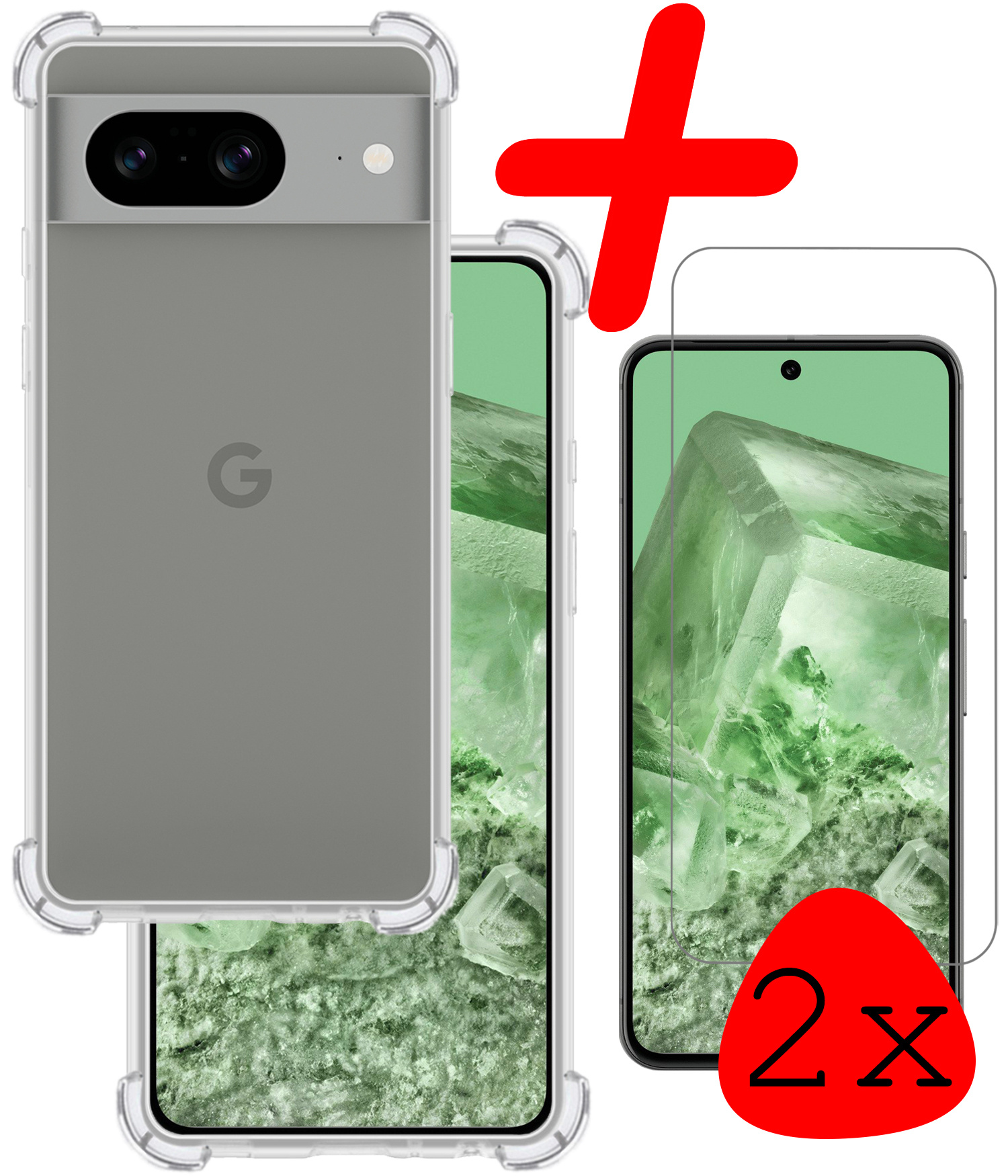 BASEY. Hoes Geschikt voor Google Pixel 8 Hoesje Shock Proof Case Hoes Siliconen Met 2x Screenprotector - Hoesje Geschikt voor Google Pixel 8 Hoes Cover Shockproof - Transparant